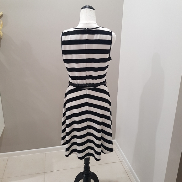 BASQUE Black and white stripe, fit and flare sleeveless dress with belt, size 12 - Picture 2 of 10
